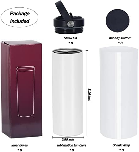 8 Pack Sublimation Tumbler Bulk 20oz Skinny Straight, Sublimation