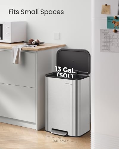 SONGMICS Kitchen Trash Can, 13-Gallon, Stainless Steel