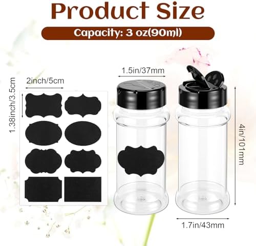 36 Pack 3 Oz Clear Plastic Spice Jars with Black Flip Lids and Labels