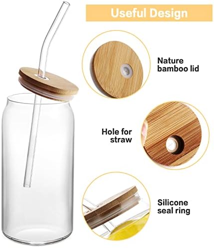 8pcs 20oz Glass Cups with Bamboo Lids and Straws,Iced Coffee Cups with