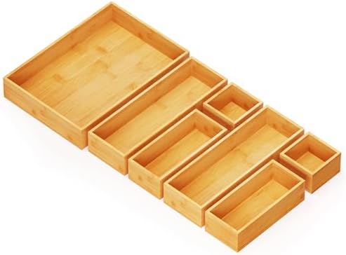 SpaceAid 7-Piece Bamboo Drawer Organizer Storage Boxes Set, Wood Tray