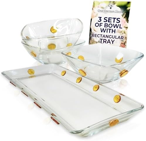 GAC Elegant Glass Square Bowls Set with Matching Rectangular Tray