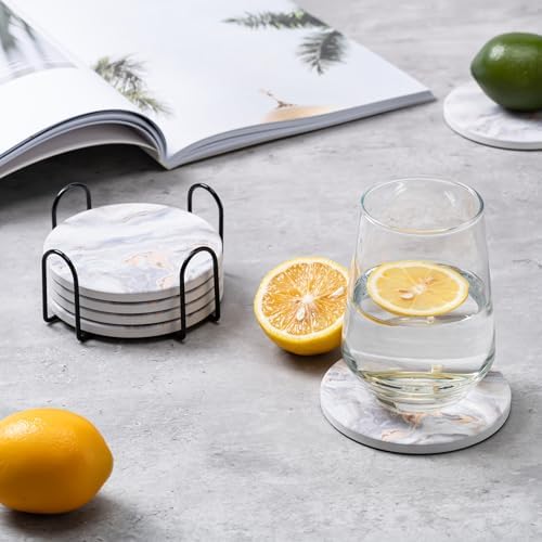 6Pcs Absorbent Coasters Set with Holder,Ceramic Drink Coaster,4 in(A8)