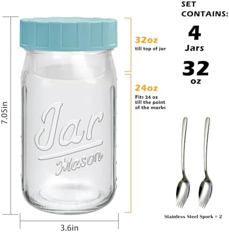 Accguan 32oz Salad Container for Lunch Meal Prep, Mason Jars 4 Pack