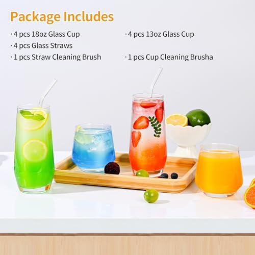 ZMOWIPDL Drinking Glasses Set of 8,Clear 13 oz & 18oz Crystal Glass