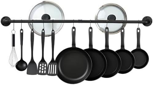 38 inch Pipe Hanging Rail for Pots, Pans, Lids, Kitchen Utensils, Wall Mounted Rail Rack Pipe Bar with 10 S Hooks Indutrial Style, Black