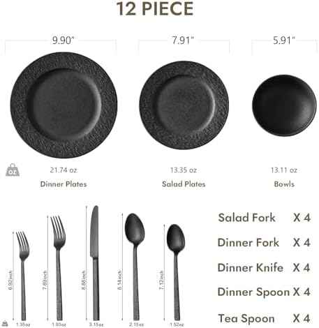 12-Piece Black Dinnerware Sets with 20-Piece Flatware