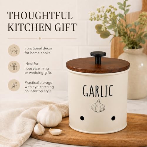 Garlic Keeper for Counter with Wooden Lid - Nordic Design Garlic