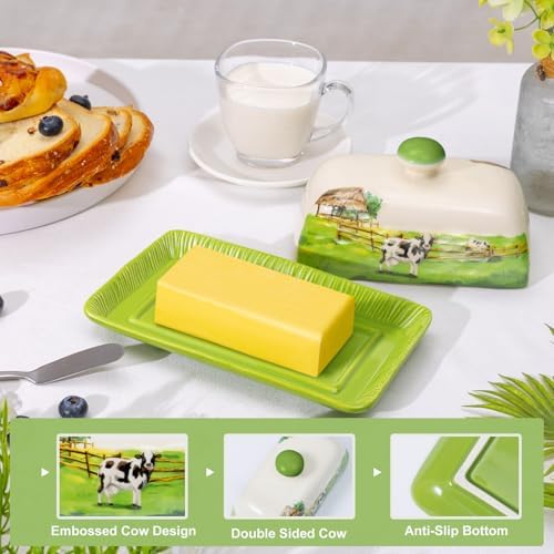 Cow Butter Dish with Lid for Countertop, Large Ceramic Embossed Butter