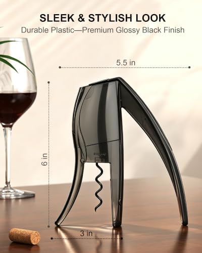 Compact Vertical Corkscrew Wine Bottle Opener, Glossy Black