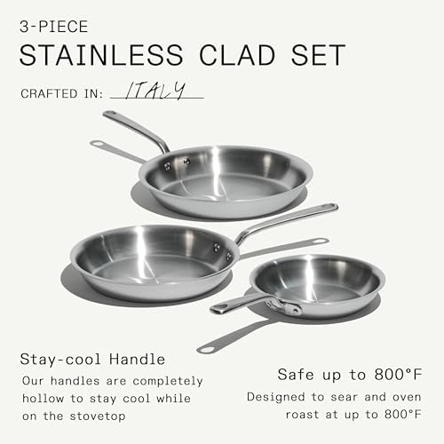 Made In Cookware - 3-Piece (Includes 8",10",12") Stainless Frying Pan Set - 5 Ply Stainless Clad - Professional Cookware - Crafted in Italy - Induction Compatible