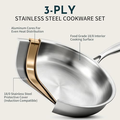 3 Ply Stainless Steel Cookware Set, AIVIKI 10-Pieces Pots and Pans