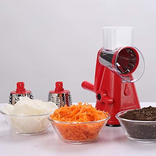 Manual Rotary Potato Grater with 3 Interchangeable Blades, Red