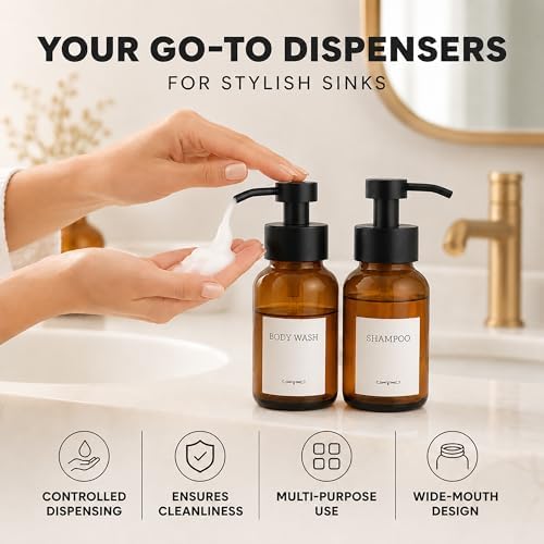 Amber Glass Foaming Soap Dispenser, 2 Pack, 8.5 Oz, Refillable