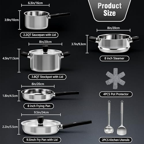 Stainless Steel Cookware Set, 14-Piece Pots and Pans Set, Kitchen Cookware Set with Stay-Cool Handle, Non-Toxic, Dishwasher Safe & Compatible with All Stovetops (Gas, Electric & Induction)