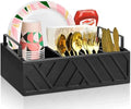 Paper Plate Dispenser with Utensil Caddy, Rustic Wooden 6-Compartment