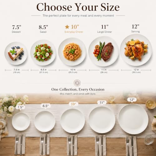 White Dinner Plates Set of 6, 10 Inch Ceramic Plates, White Porcelain