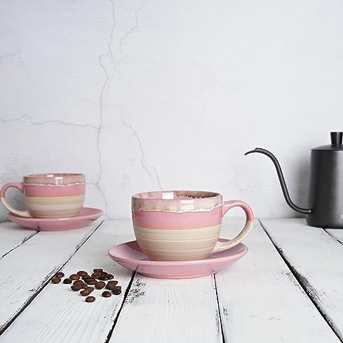 Bosmarlin Ceramic Cappuccino Cup and Saucer Set of 2, 10 Oz, Coffee