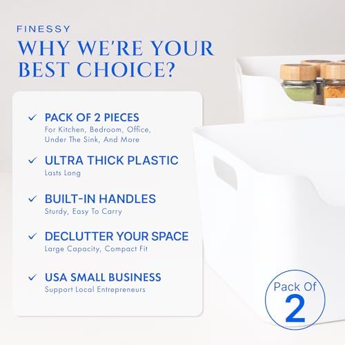 FINESSY White Plastic Storage Bins for Pantry with Handle 2 Pack White