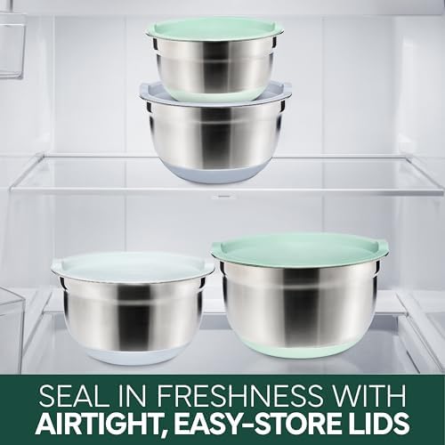 COOK WITH COLOR Stainless Steel Mixing Bowls Set with Lids - Nesting Bowls with Non-Slip Bottom, Sage, 12 Pieces