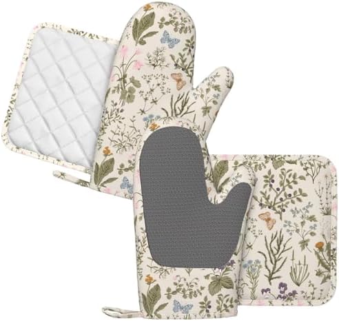 Vintage Wildflower Herbs Oven Mitt and Pot Holder Set, 4 pcs