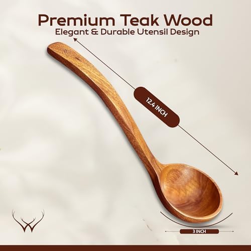 Prime Teak Wooden Ladle Set with Spoon Rest, Large Deep Bowl Soup