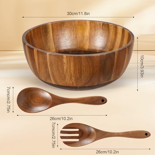 MYRAINBOW Wooden Salad Bowl Set 11.8 Inch – Acacia Large Wood Salad