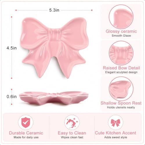 Pink Bow Spoon Rest for Stove Top, Cute Ceramic Spoon Holder