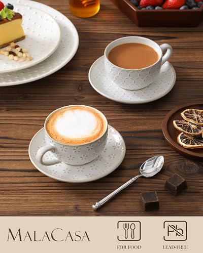 MALACASA 8 OZ Cappuccino Cups with Saucers, Embossed Latte Mugs Set of