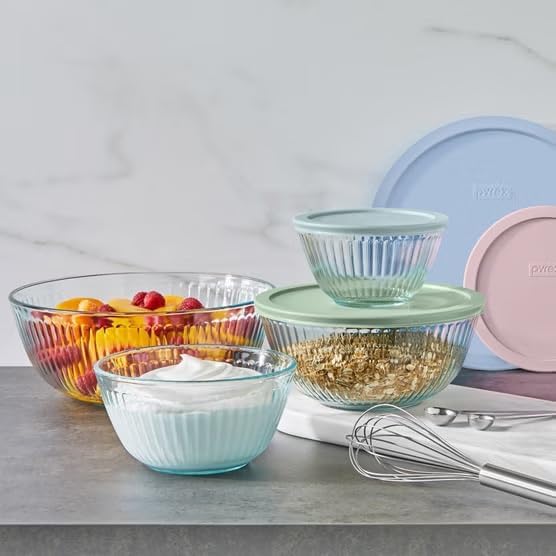 Pyrex Ribbed Glass Mixing Bowl Set with Pastel Lids, 8 Piece Nesting