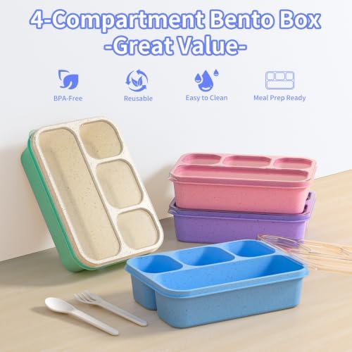 Bento Box 5-Pack, 4-Compartment Lunch Box for Women, Men & Kids