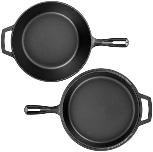 VORRINGARD Pre-seasoned Cast Iron Double Dutch Oven Pot with Skillet Lid, for Bread Baking, Outdoor, Campfire Cooking, 3 Quart