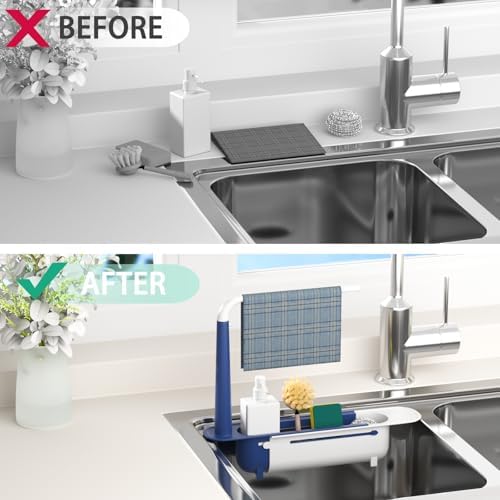 Telescopic Sink Storage Rack with 2 Sponges, Blue