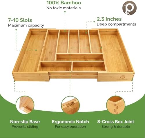 Pristine Bamboo Silverware Organizer - Expandable Kitchen Drawer