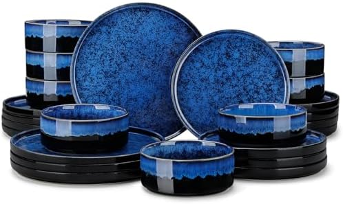 vancasso Starry Plates and Bowls Sets for 8, 24 Pieces Blue Dinnerware Sets for Kitchen, Modern Stoneware Dishes Set, Dishwasher and Microwave Safe