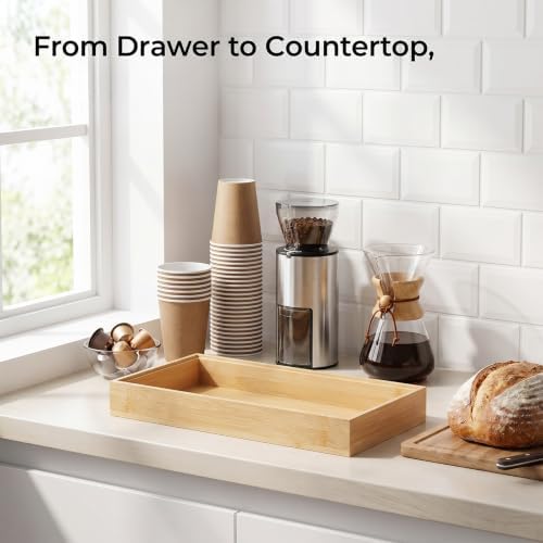 3 Pcs 15x6 Inch Bamboo Drawer Organizer Stackable Utensil Tray For