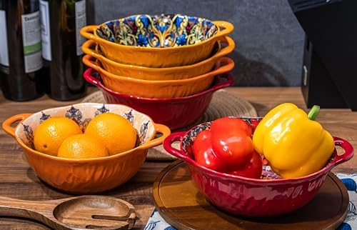 Boho Ceramic Serving Bowls with Handles Set of 2, Ceramic Large