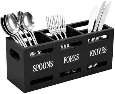 Kitchen Utensils Holder for Counter, Wooden Utensil Organizer for Storage Cooking and Silverware, Black Cooking Utensil Storage Box for Countertop,Wood Organizer with 3 Compartments,Rustic Minimalist.