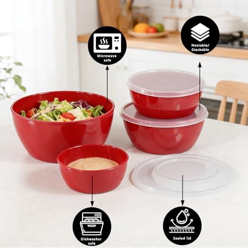 4-Piece Classic Plastic Bowls with Lids, 8/16/24/32oz Nesting Plastic