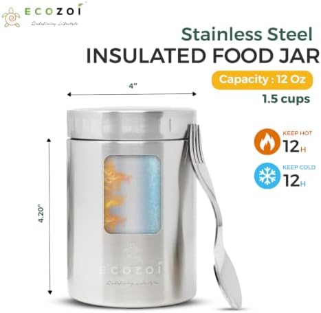 ecozoi Stainless Steel Insulated Food Jar, 12 Oz, with Spork and
