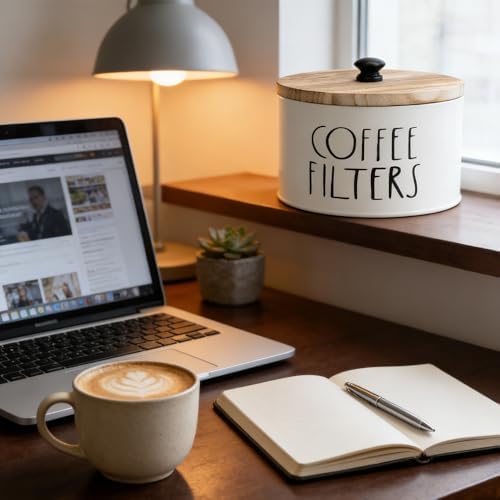 1 Pack White Coffee Filter Holder with Bamboo Lid Large Capacity