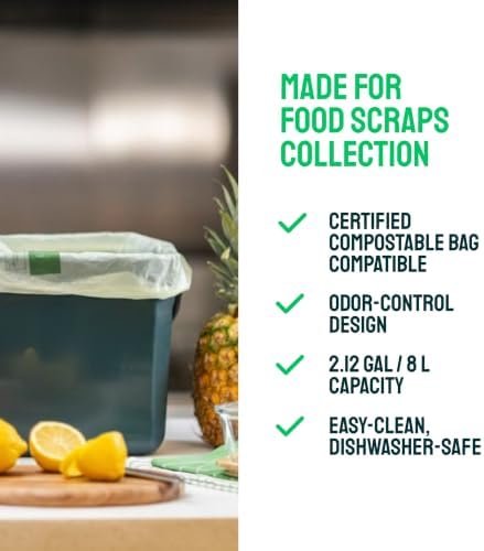 EcoSafe Kitchen Caddy Food Waste Bin, 2.5 Gallon, Green