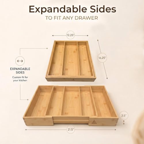 Expandable Bamboo Drawer Organizer for Kitchen Utensils, Adjustable