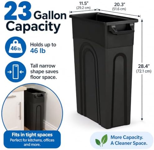 23 Gallon Narrow Tall Plastic Garbage Container, Black