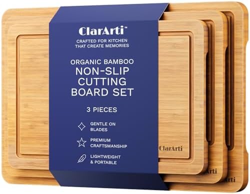 Bamboo Cutting Boards for Kitchen – Set of 3 Non-Slip Wood Cutting