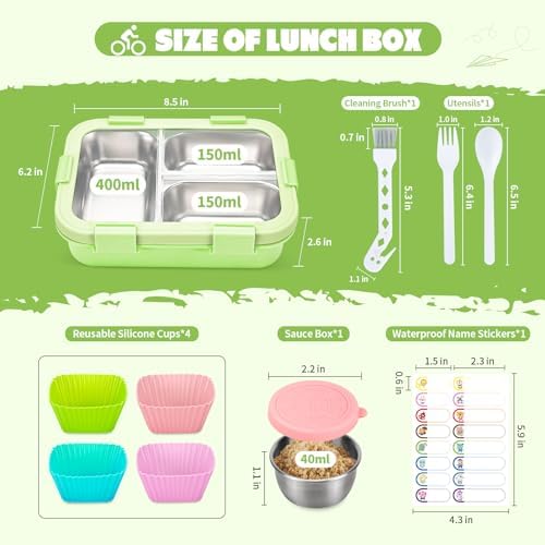 Stainless Steel Lunch Box for Kids, 3 Compartments, Green