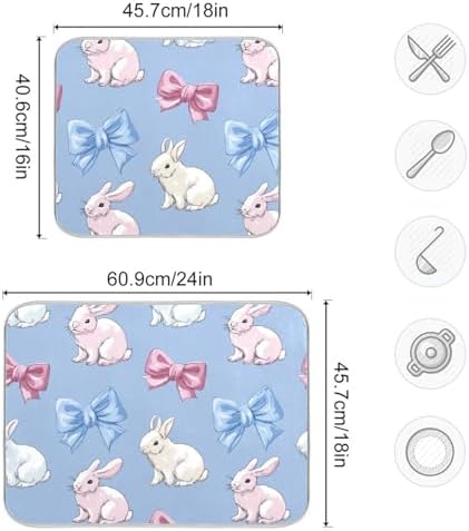OTVEE Blue Bunny Art Dish Drying Mat for Kitchen Counter Absorbent