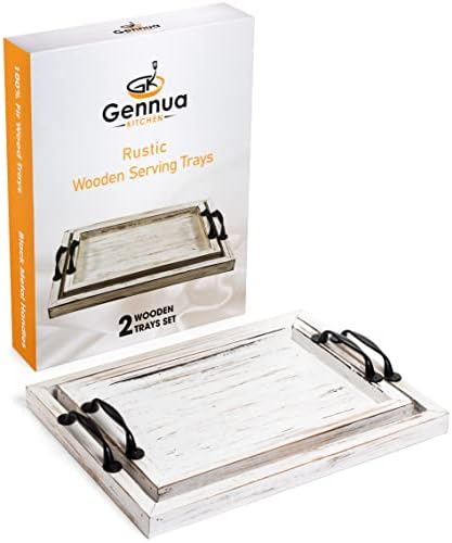 Gennua Kitchen Rustic Serving Tray Set with Handles, 2 Nesting Wooden