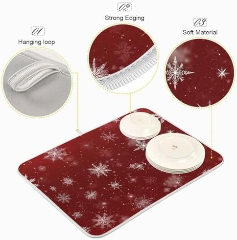 OTVEE Red Snowflake Beauty Dish Drying Mat for Kitchen Counter