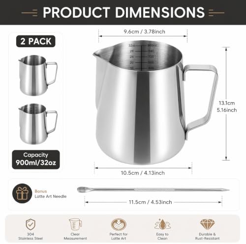 2 Pack Milk Frothing Pitcher 32oz Milk Steamer Cup Espresso Steaming